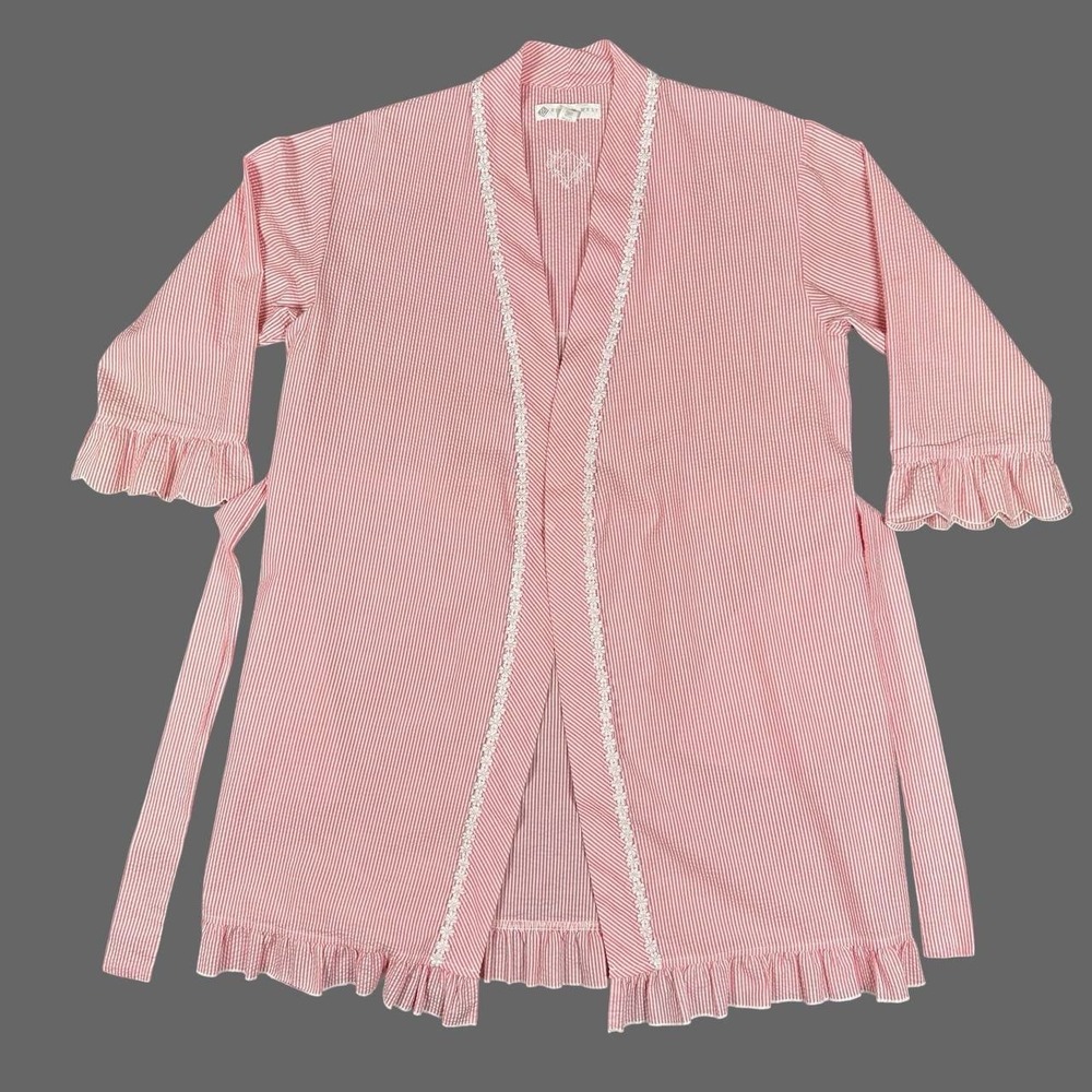 Eileen West Pink Stripe Seersucker Robe S/M Floral Embroidery Scalloped Coquette